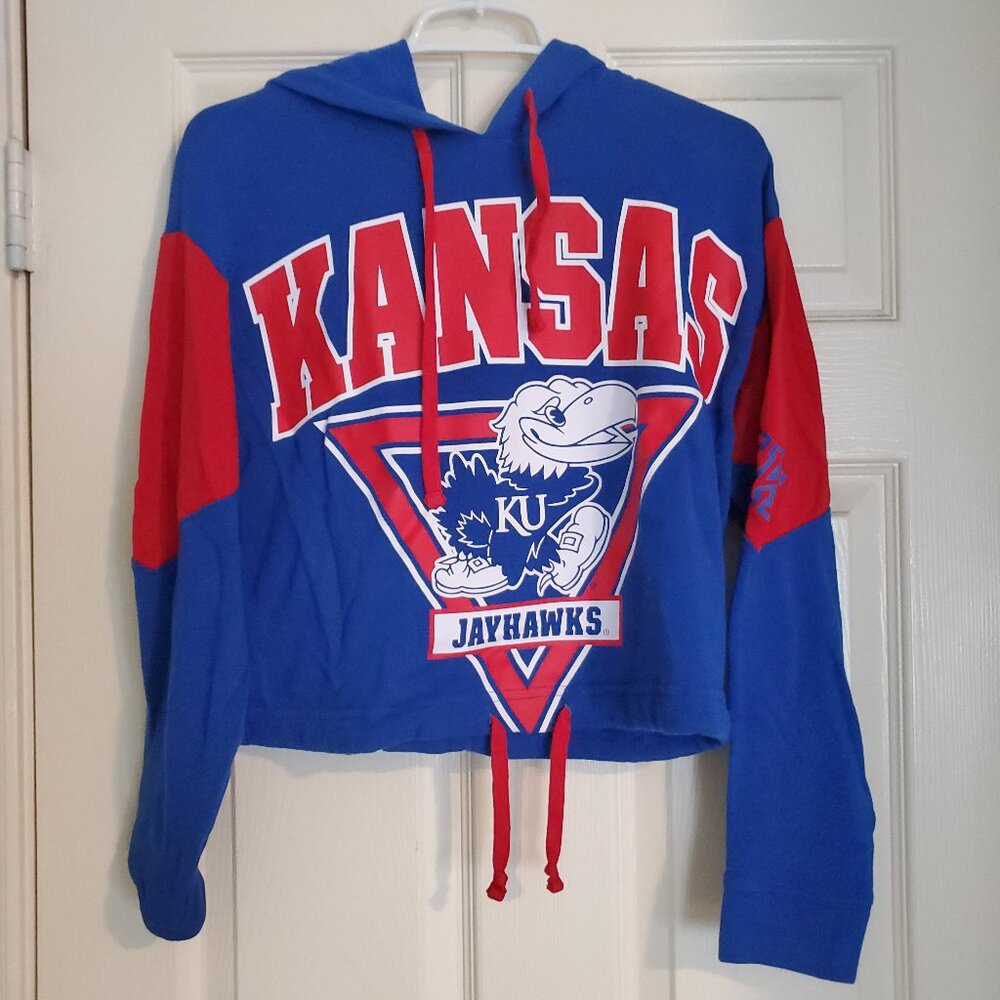 Victoria Secrets PINK KU Jayhawks Crop Hooded Sweat Top 5th & Ocean Kansas XS